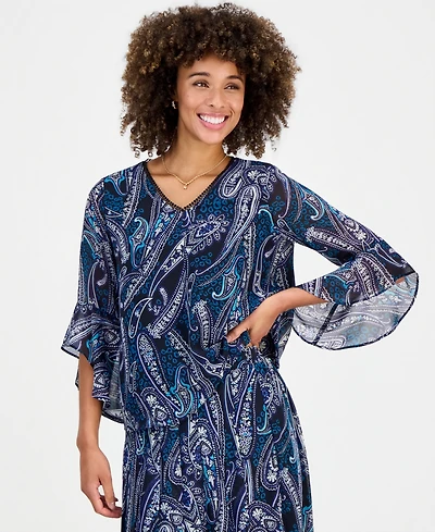Kasper Petite Printed V-Neck Ruffle Sleeve Chiffon Top