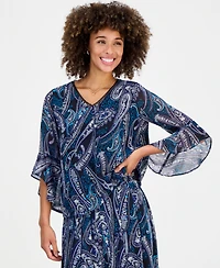 Kasper Petite Printed V-Neck Ruffle Sleeve Chiffon Top