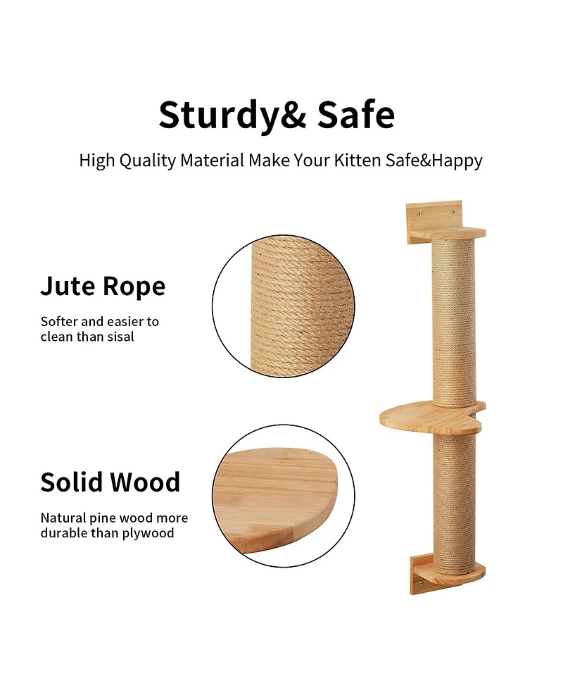 Aronkl Wall Mounted Cat Activity Tree Jute Scratcher Pine Hammock Multi Purpose Cat Furniture