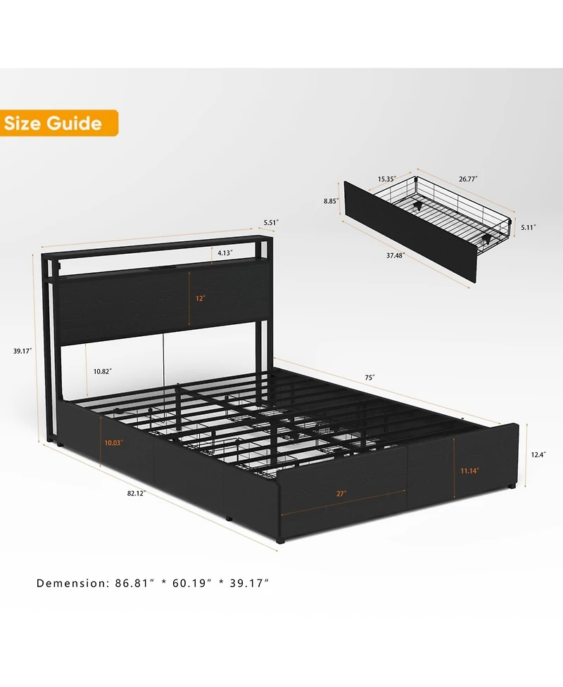 Lucky One Full Bed Frame, Storage Headboard with Charging Station, Solid and Stable, Noise Free