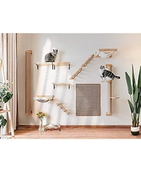 Aronkl Wall Mounted Cat Activity Tree Jute Scratcher Pine Hammock Multi Purpose Cat Furniture