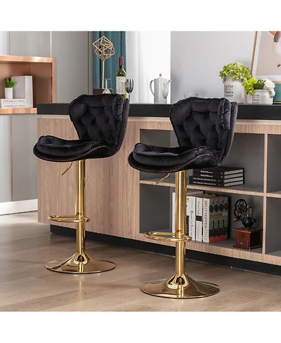 flynama Modern Velvet Adjustable Bar Stools with Chrome Base and Footrest, Set of 2