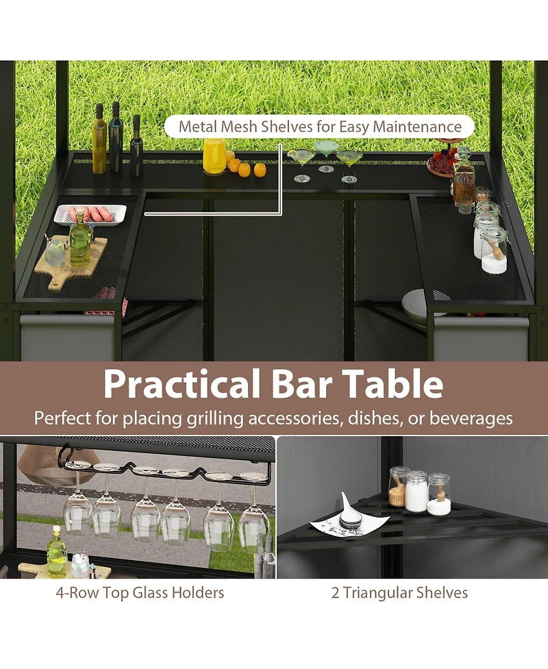Sugift Outdoor Grill Gazebo with Double-Tier Canopy and 2 Bar Chairs