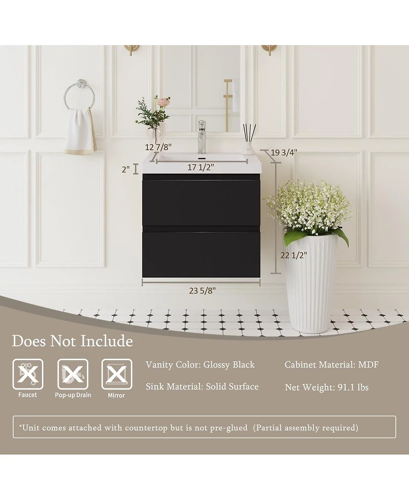 Sillysis Wall Mounted Bathroom Vanity with Resin Countertop, Modern Floating Cabinet, Soft Close Drawers, Easy Install