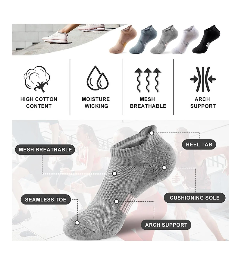 Gallery Seven Women's Ankle Socks 5-Pairs Cushioned and Breathable for Running Casual Wear