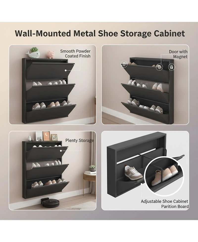 Yigii Wall Mount Metal Shoe Cabinet Narrow Entryway Storage Large Capacity All Steel