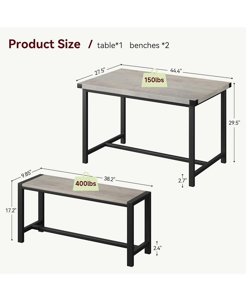 gaomon 3-Piece Dining Set for 4, Rectangular Table with 2 Benches