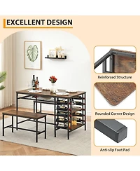 gaomon 3-Piece Dining Set for 4, Table with 2 Benches, Wine Rack & Storage