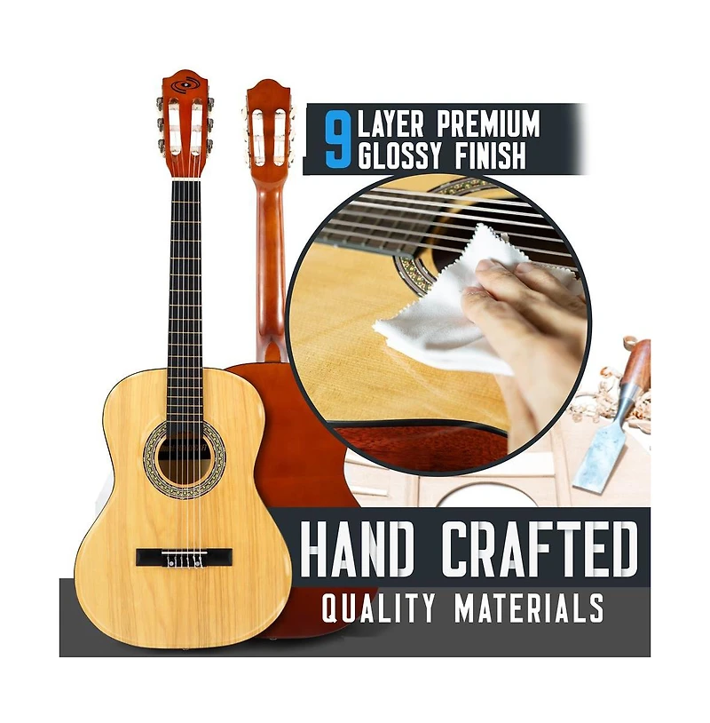 Pyle 36" Left-Handed Classical Guitar Kit - Includes Digital Tuner, Gig Bag, and Accessories, Natural Finish (PGACLS82LFT)