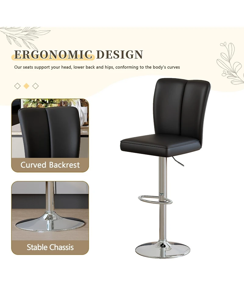 Rainsken Adjustable Bar Stools Set of 2, Swivel Pu Leather Chair with Back, Armless Upholstered Barstools, for Dining Room, Kitchen Island