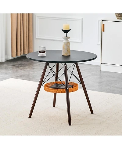 Streamdale Furniture Circular Dining Table with Walnut Legs and Woven Storage Basket
