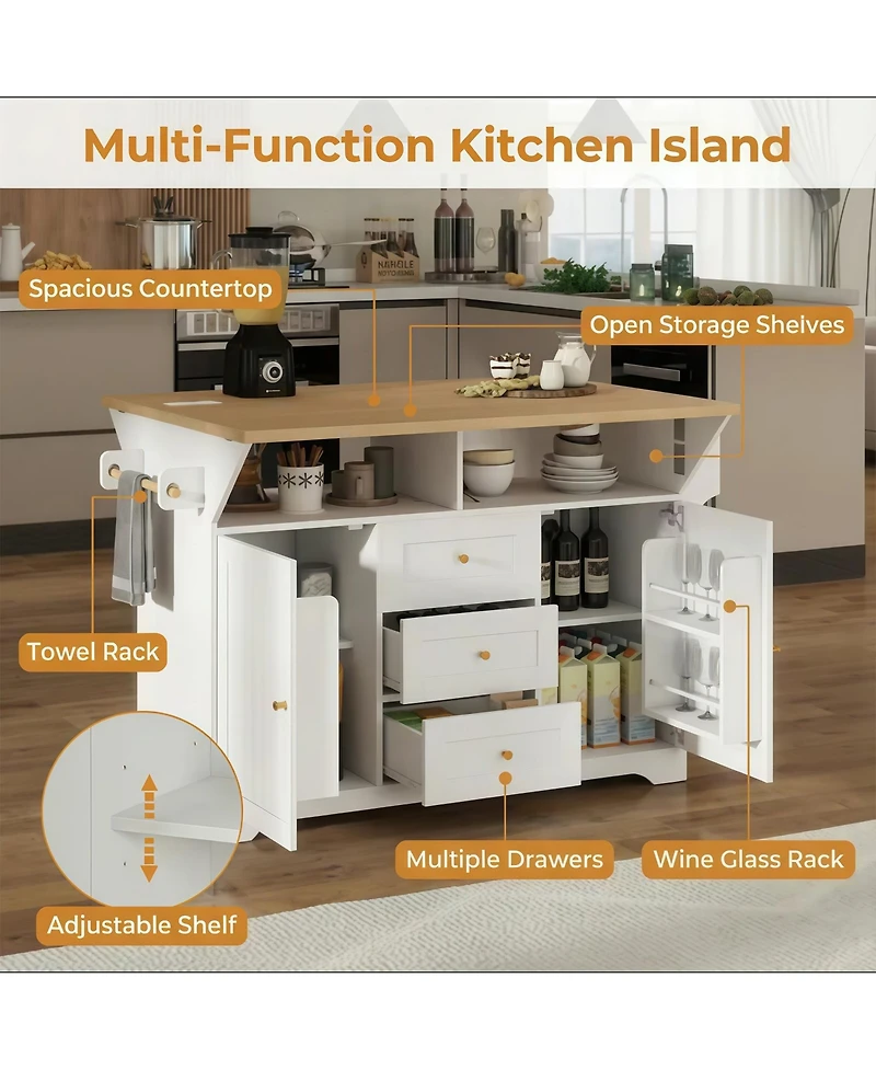 Clihome Rolling Kitchen Island with Power Outlet, Spice Rack and 2 Drop Leaf