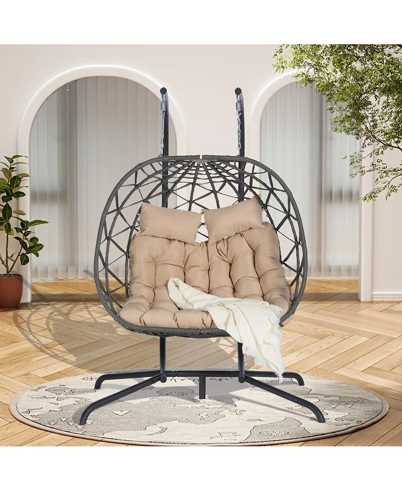 Asagikoiai Outdoor Double Egg Chair with Stand and Cushions, Hanging Wicker Patio Swing