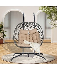 Asagikoiai Outdoor Double Egg Chair with Stand and Cushions, Hanging Wicker Patio Swing