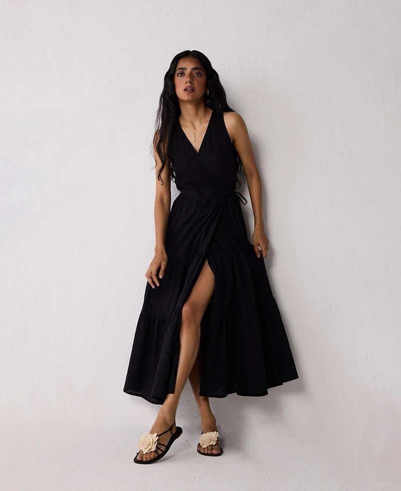 Reistor Women's Sleeveless Embroidered Wrap Dress with Tiers