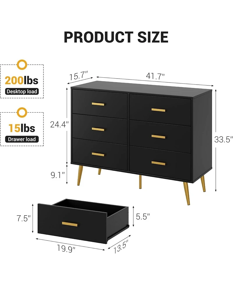 gaomon 6-Drawer Modern Wood Dresser with Handles, Deep Storage