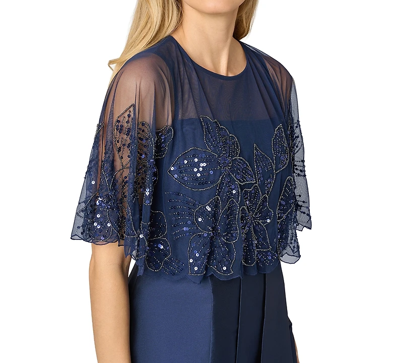 Adrianna Papell Women's Boat Neck Bead Cape Taffeta Dress
