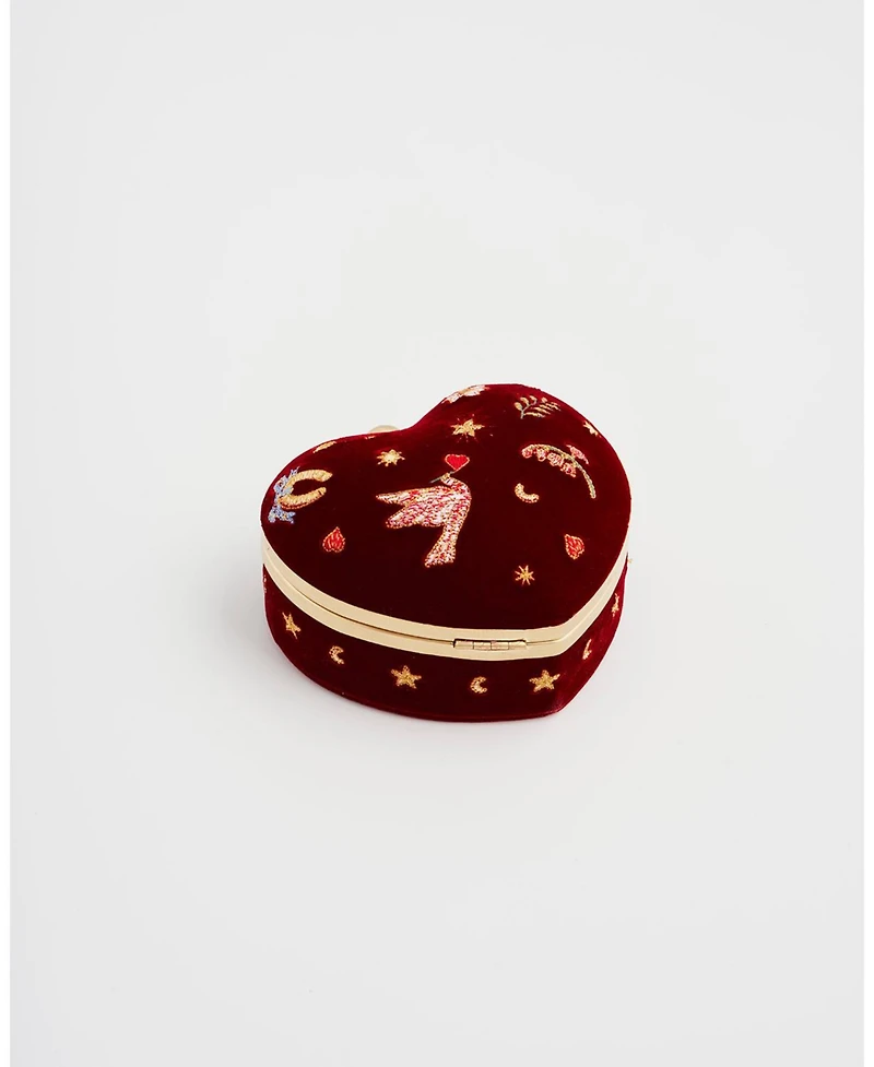Fable England Women's Velvet Embroidered Heart Jewellery Box
