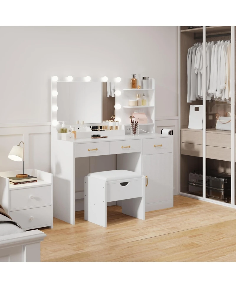 gaomon Vanity Desk with Mirror and Lights, Set Upholstered Storage Stool, Makeup Power Outlet 11 Led Bulbs, Dressing Table