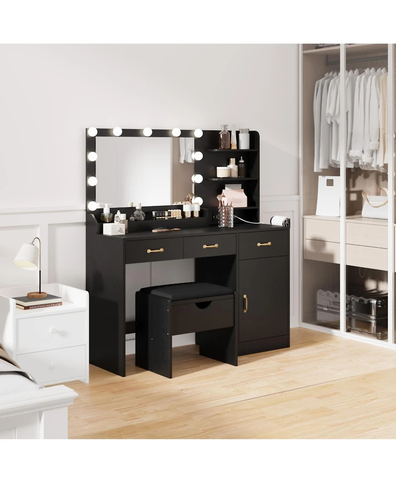 gaomon Vanity Desk with Mirror and Lights, Set Upholstered Storage Stool, Makeup Power Outlet 11 Led Bulbs, Dressing Table