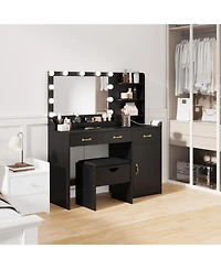 gaomon Vanity Desk with Mirror and Lights, Set Upholstered Storage Stool, Makeup Power Outlet 11 Led Bulbs, Dressing Table
