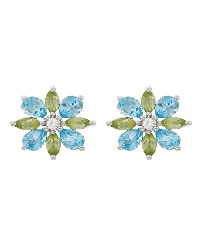Macy's Swiss Blue Topaz (1-1/3 ct. t.w.), Peridot (5/8 ct. t.w.) & White Topaz (1/20 ct. t.w.) Flower Stud Earrings in Sterling Silver