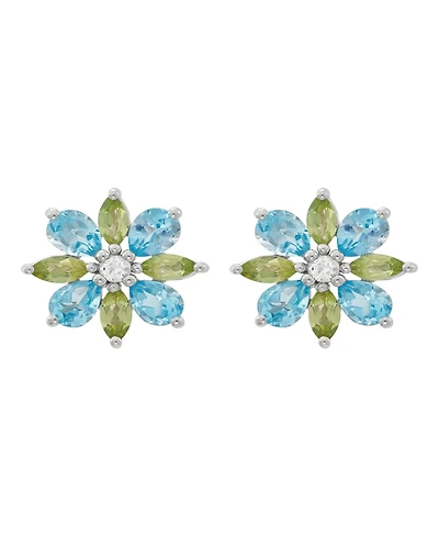 Macy's Swiss Blue Topaz (1-1/3 ct. t.w.), Peridot (5/8 ct. t.w.) & White Topaz (1/20 ct. t.w.) Flower Stud Earrings in Sterling Silver