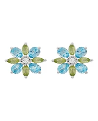 Macy's Swiss Blue Topaz (1-1/3 ct. t.w.), Peridot (5/8 ct. t.w.) & White Topaz (1/20 ct. t.w.) Flower Stud Earrings in Sterling Silver