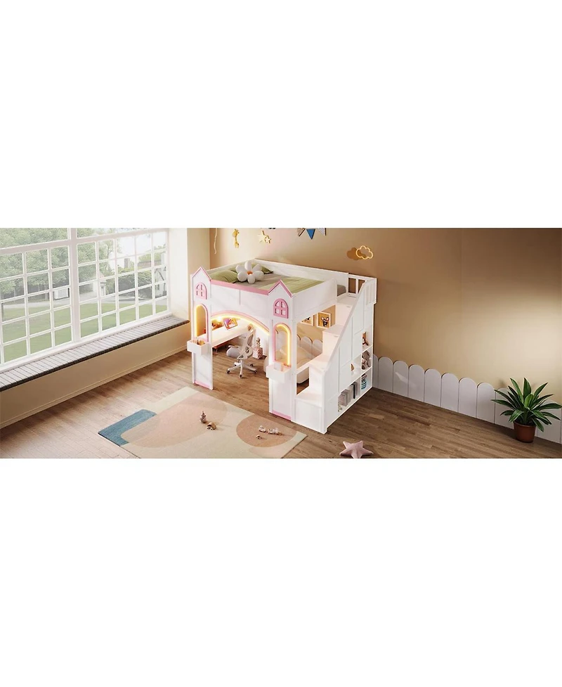 Streamdale Furniture Full Size Wood Castle Loft Bed with Storage, Desk, and Led Lights