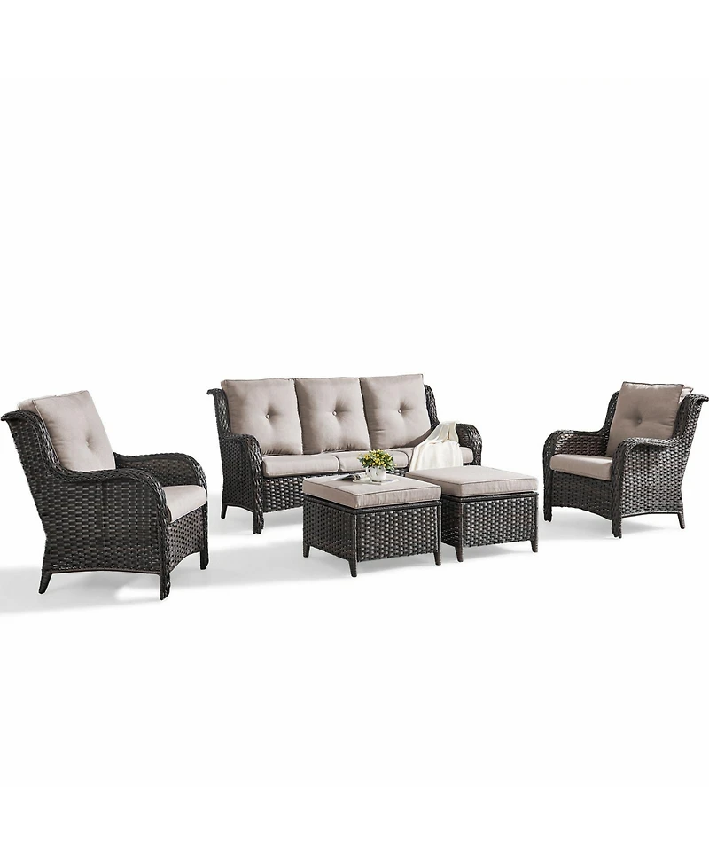 Pocassy 5-Pieces Patio Furniture Set, Outdoor Wicker Sofa Couch with Chairs Ottomans Red Cushions, All Weather High Back Modern Conversation Set
