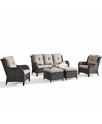 Pocassy 5-Pieces Patio Furniture Set, Outdoor Wicker Sofa Couch with Chairs Ottomans Red Cushions, All Weather High Back Modern Conversation Set