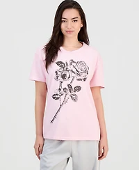 Rebellious One Juniors' Rose Mineral-Wash Rhinestone Short-Sleeve T-Shirt