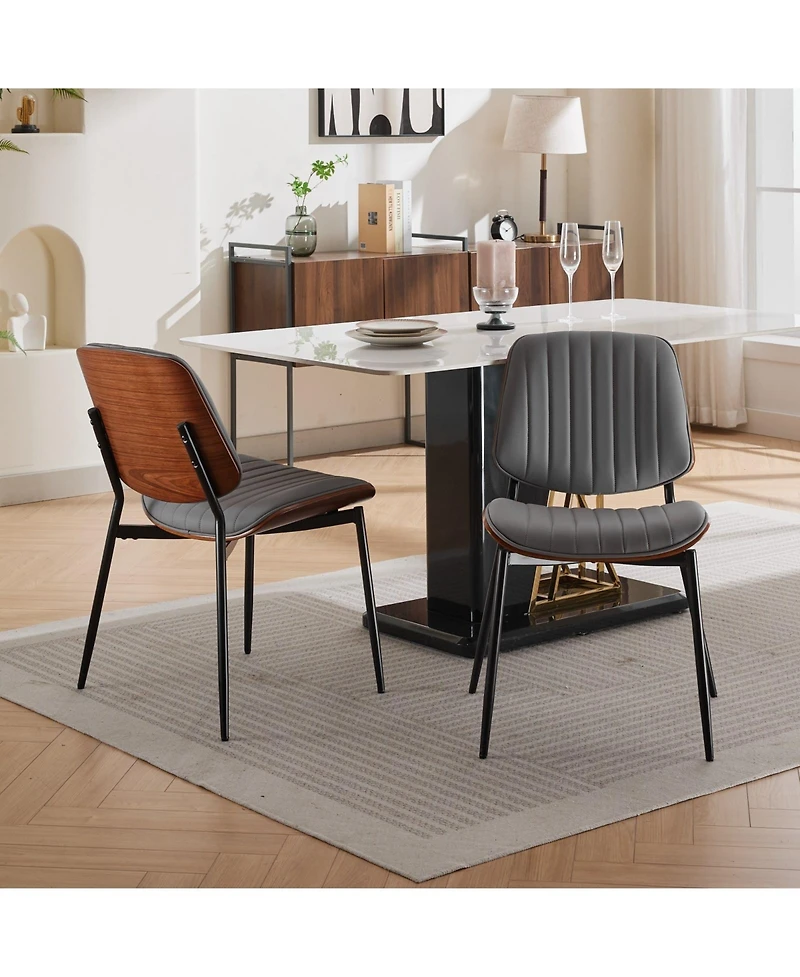 Clihome Furniture, Dining Chairs Set of 2 Mid Century Modern Retro Faux Leather Chair with Walnut Bentwood Back