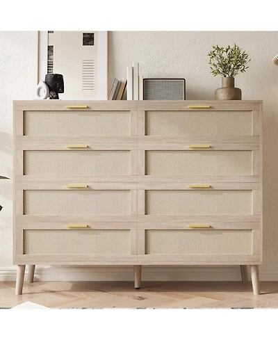 gaomon 8-Drawer Natural Rattan Dresser with 5 Legs & Gold Handles.