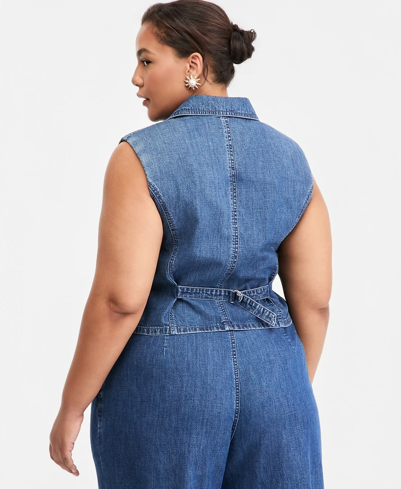 On 34th Trendy Plus Notched-Collar Button-Front Denim Vest, Macy's Exclusive
