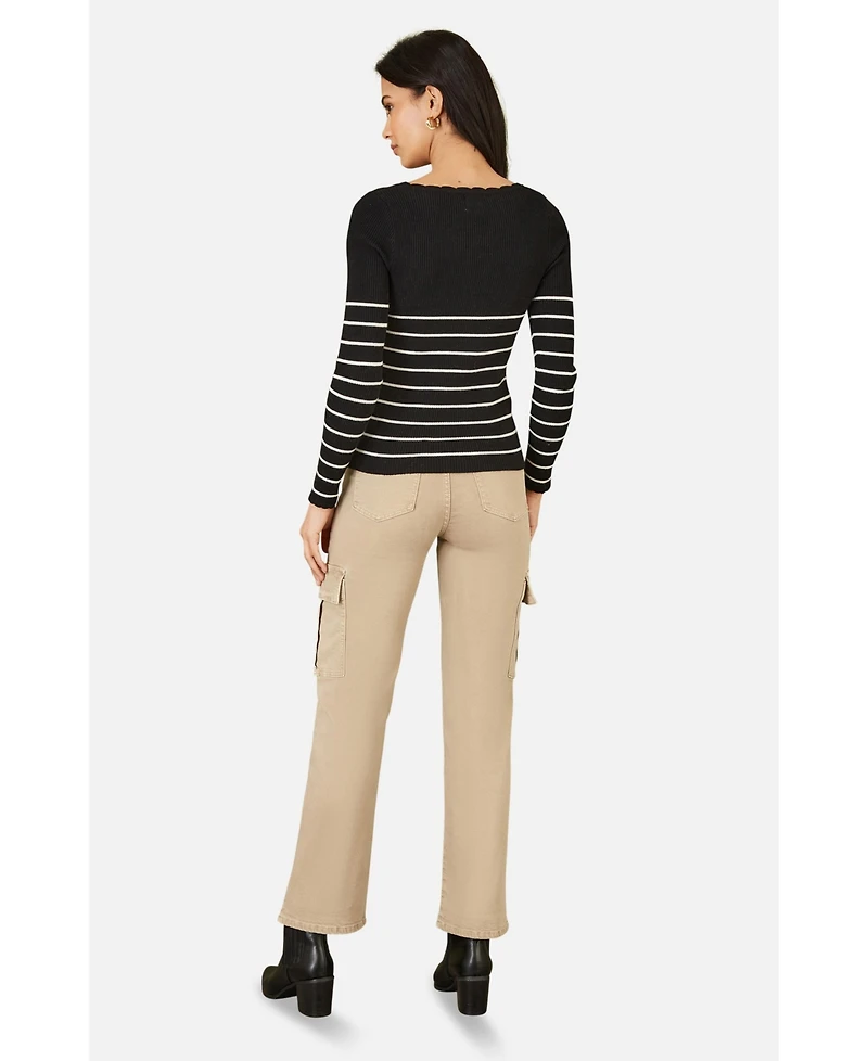 Yumi Women's Button Detail Long Sleeve Rib Knit Top