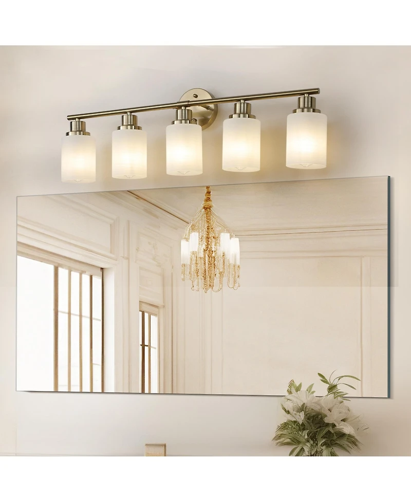 Busdays Golden Finish Modern Vanity Wall Sconce 5 Lights Frosted Glass Shades for Bathroom Hallway Lighting No Bulbs