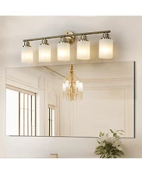 Busdays Golden Finish Modern Vanity Wall Sconce 5 Lights Frosted Glass Shades for Bathroom Hallway Lighting No Bulbs