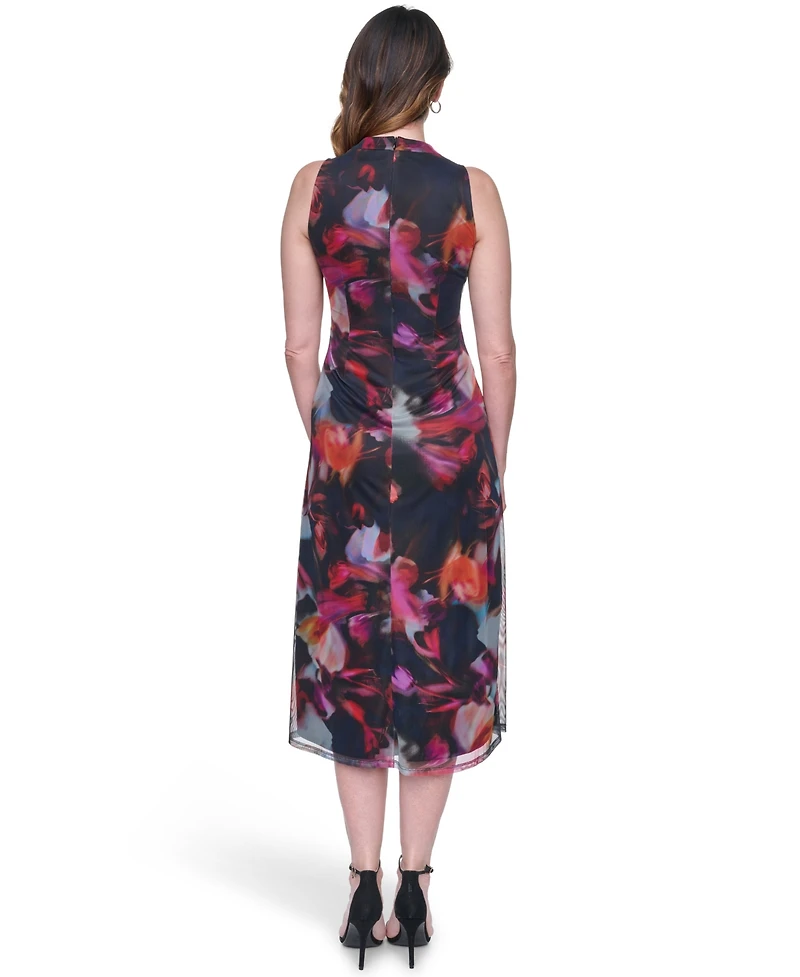 Vince Camuto Women's Printed Mesh Shirred Midi Dress