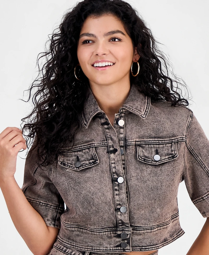 Bar Iii Women's Dirty Denim Elbow-Sleeve Shirt, Macy's Exclusive