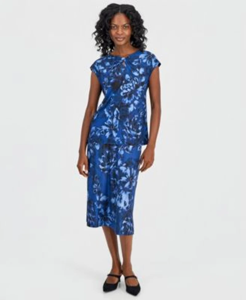 Kasper Womens Printed Bow Neck Extended Shoulder Top Pull On A Line Midi Skirt