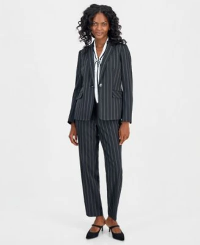 Kasper Womens Notch Lapel Pinstripe Jacket Tie Neck Sleeveless Blouse Ava Straight Leg Pinstripe Pants