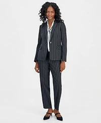 Kasper Womens Notch Lapel Pinstripe Jacket Tie Neck Sleeveless Blouse Ava Straight Leg Pinstripe Pants