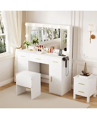 gaomon Makeup Vanity Desk Set with Upholstered Stool, Make Up Table with Drawers, Charging Station and Large Mirror