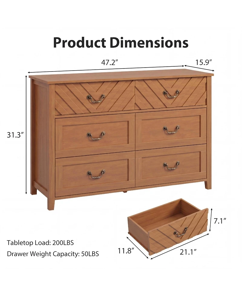 gaomon 6 Drawer Dresser for Bedroom, Wooden Chest of Drawers with 3D V-Shape Front, Storage Organizer Cabinet for Living Room, Nursery