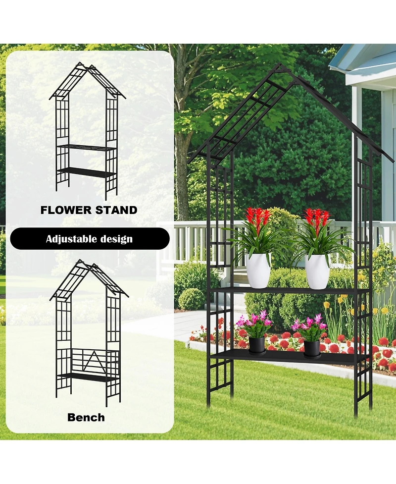 Clihome Metal Garden Arch with Bench Turned into Flower Stand W58.07H97.24 Climbing Plants Support Rose Arch Outdoor