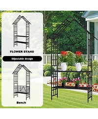 Clihome Metal Garden Arch with Bench Turned into Flower Stand W58.07H97.24 Climbing Plants Support Rose Arch Outdoor