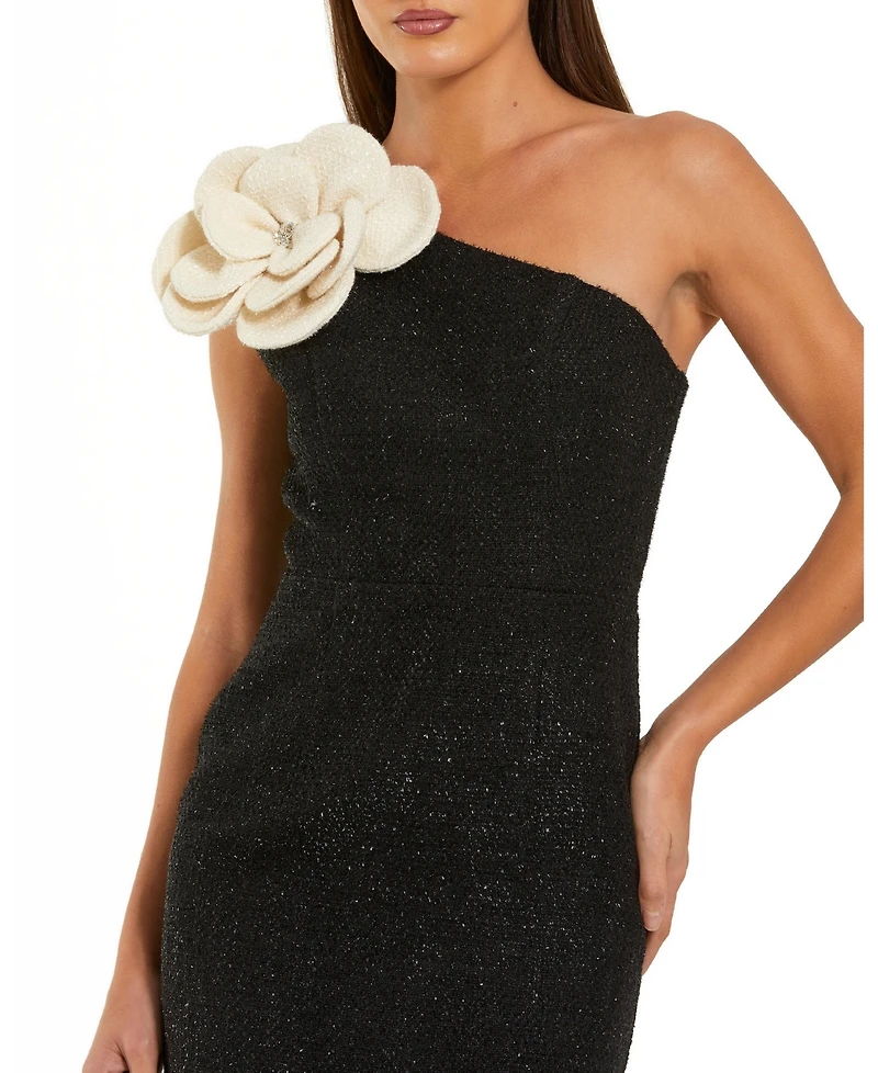 Mac Duggal Women's One Shoulder Boucle Midi Dress With 3D Flower