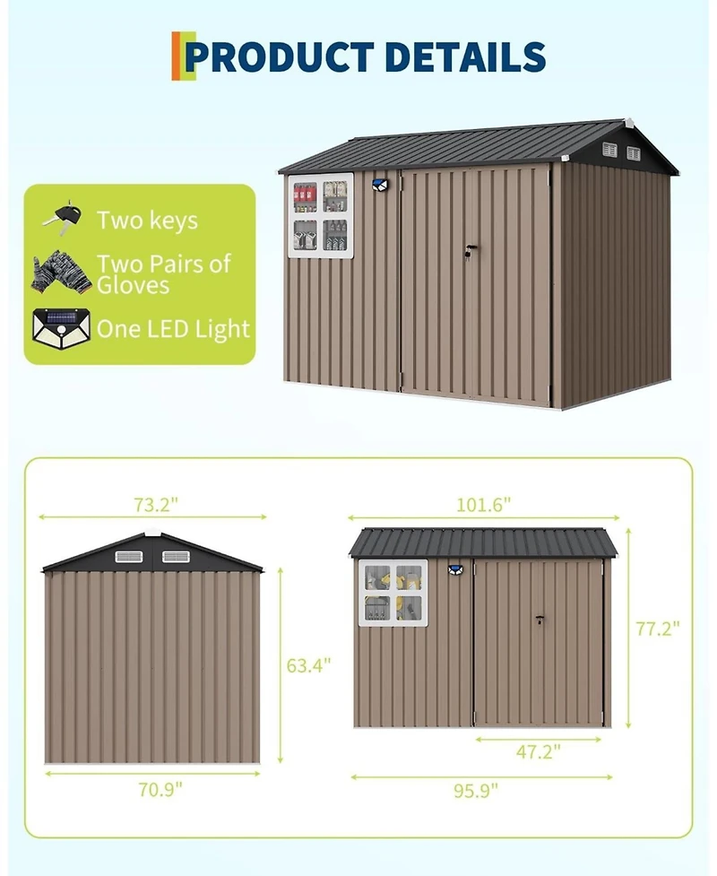 gaomon 6x8 Feet Outdoor Storage Shed, Metal Garden Tool Shed with Lockable Door, Window and Vents, Galvanized Steel Frame, Sloped Roof Utility Storage