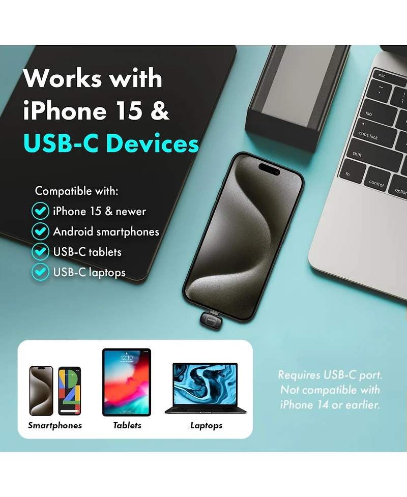 Movo NanoMic Dual Usb-c Wireless Microphone for iPhone 15/16 and Up with Wireless Mic Handle
